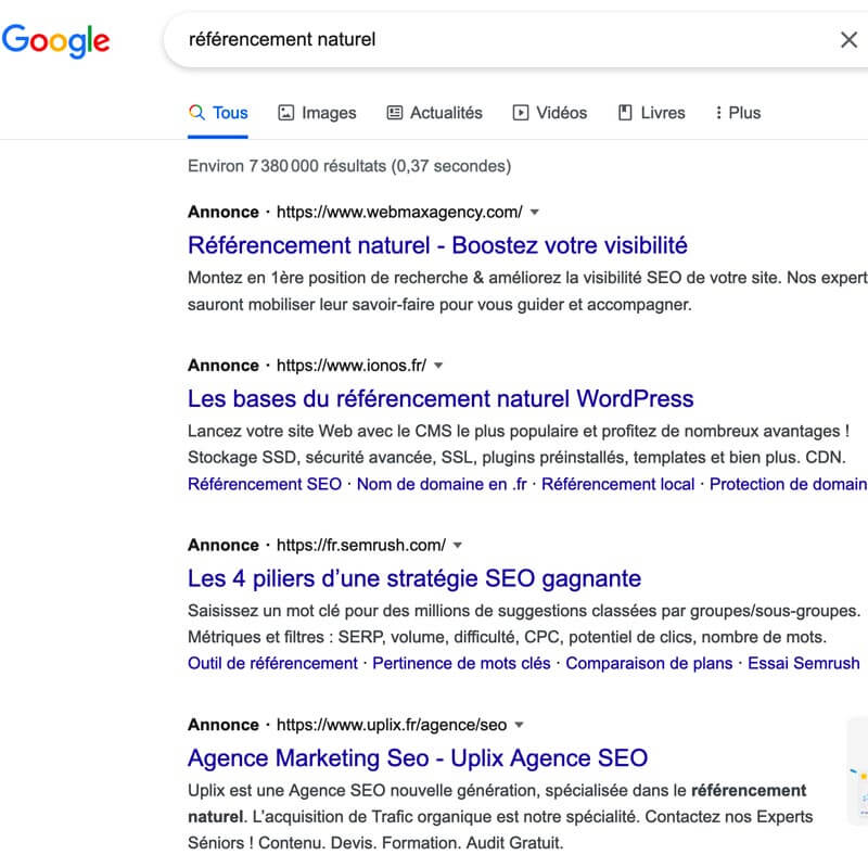 page de resultat Google pour les annonces Ads payantes